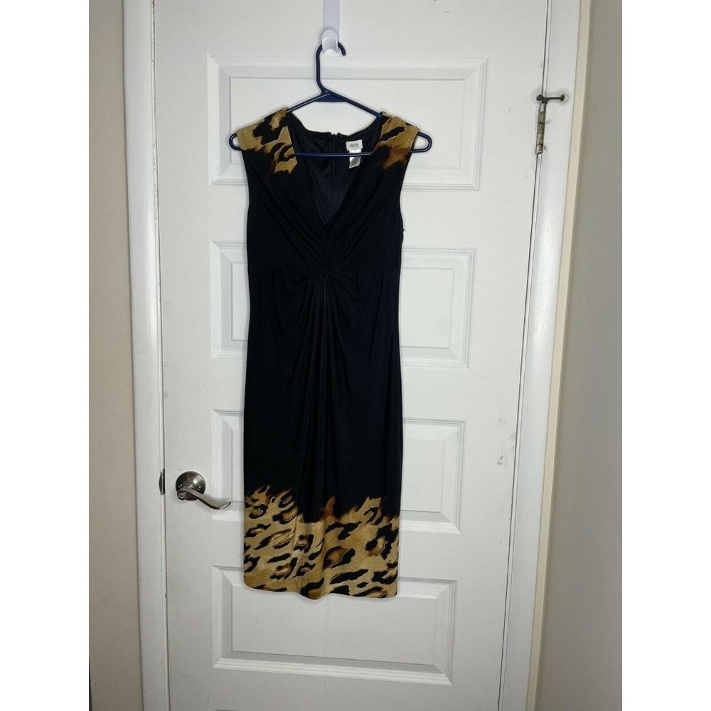 CACHE Black & Gold Sleeveless Eye of the Tiger V Neck Jersey Dress Size 6